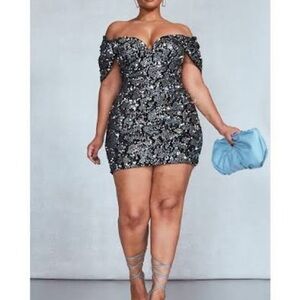 PrettyLittleThing Black Sequin Off-Shoulder Mini Dress